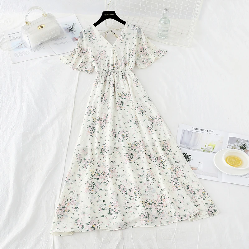 Women Retro Floral Dress Cross V Neck Wooden Ear Slim Long Vestido 2021 Summer Elegant Chiffon Short Sleeve Dresses Femme 
Women Retro Floral Dress Cross V Neck Wooden Ear Slim Long Vestido 2021 Summer Elegant Chiffon Short Sleeve Dresses Femme