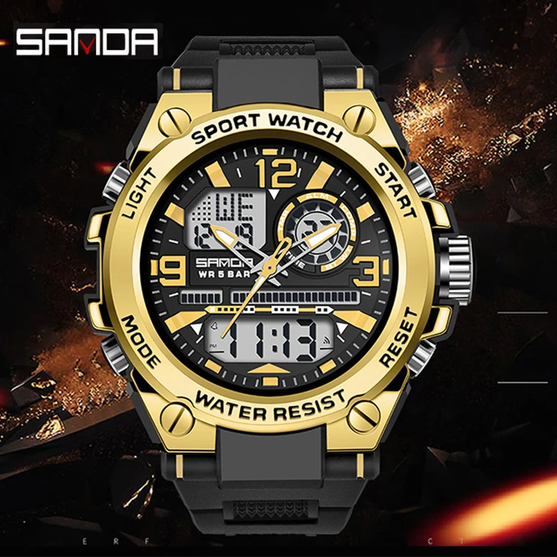 SANDA Sports Men Watches Dual Display Digital LED Quartz Wristwatch Gold Waterproof Military Watch for Male Clock montre homme
SANDA Sports Men Watches Dual Display Digital LED Quartz Wristwatch Gold Waterproof Military Watch for Male Clock montre homme