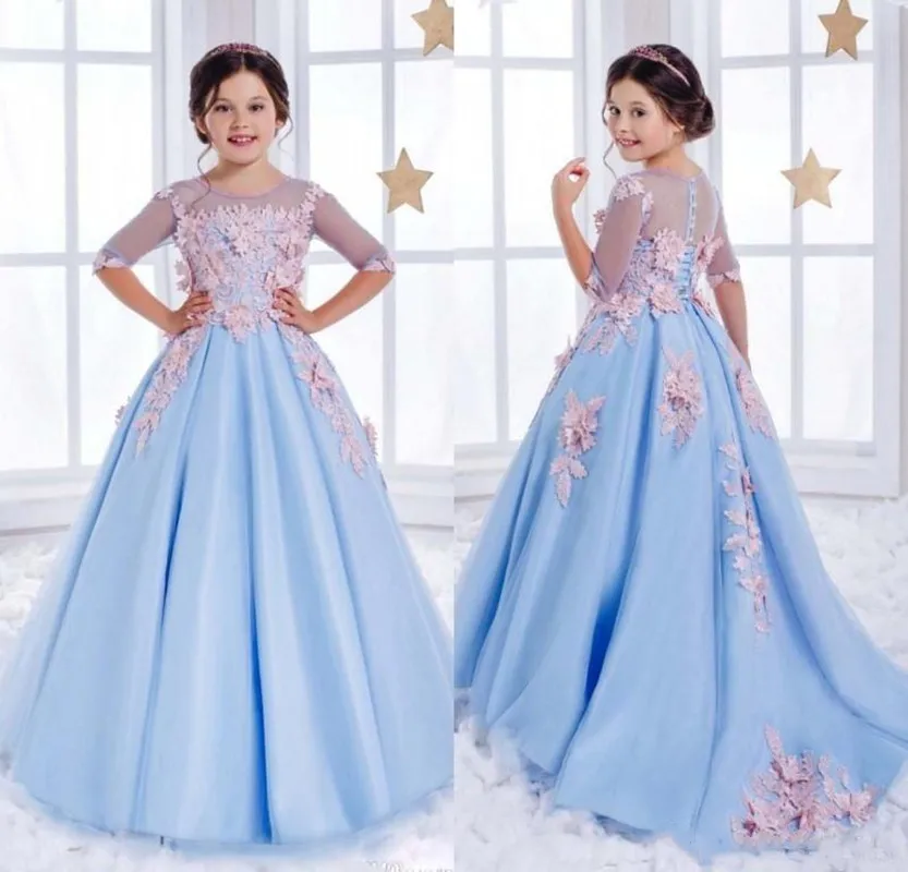 Sweet Girls Pageant Gown Half Sleeves Light Blue Open Back Flower Girl Dresses For Weddings Party Gown
Sweet Girls Pageant Gown Half Sleeves Light Blue Open Back Flower Girl Dresses For Weddings Party Gown