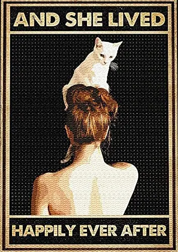 

Забавный жестяной знак кот девушка и она жила счастливо после постера металлический постер искусство настенный Декор