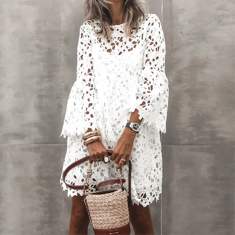 Women Hollow Out Lace Flared Sleeve Ruffles Dress 2021 Spring Summer Casual White Loose Two Pieces Mini Dresses Party Vestidos
Women Hollow Out Lace Flared Sleeve Ruffles Dress 2021 Spring Summer Casual White Loose Two Pieces Mini Dresses Party Vestidos