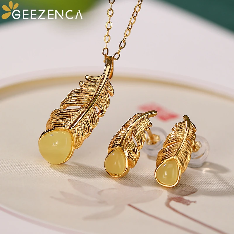 GEEZENCA 925 Sterling Silver Gold Plated Natural Amber Jewelry Sets Pendant Stud Earrings Feather Trendy Fine Jewelry Women Gift
GEEZENCA 925 Sterling Silver Gold Plated Natural Amber Jewelry Sets Pendant Stud Earrings Feather Trendy Fine Jewelry Women Gift