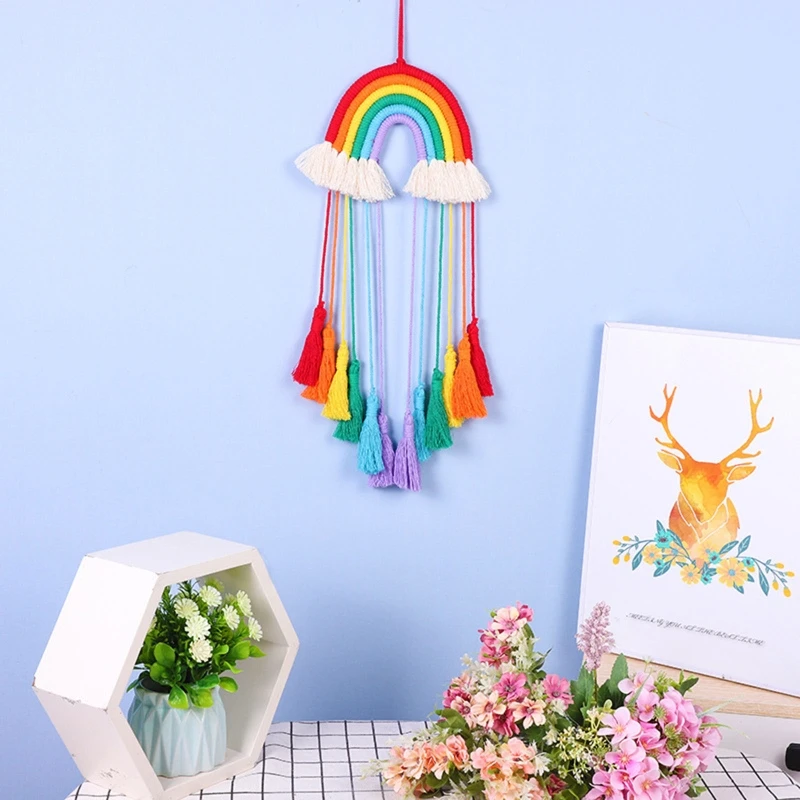 Nordic Hand-Woven Macrame Rainbow Tapestry Wall Hanging Pendant Home Ornament