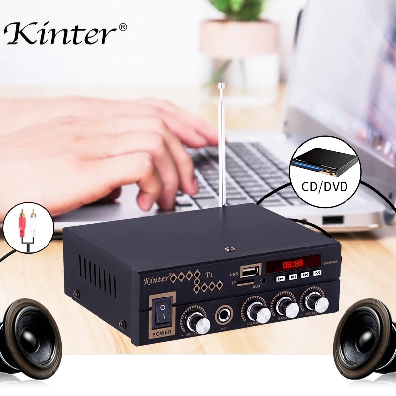 Kinter T1 мини усилитель аудио hi fi стерео звук AC мощность DC 12 В с AUX TF USB MIC вход