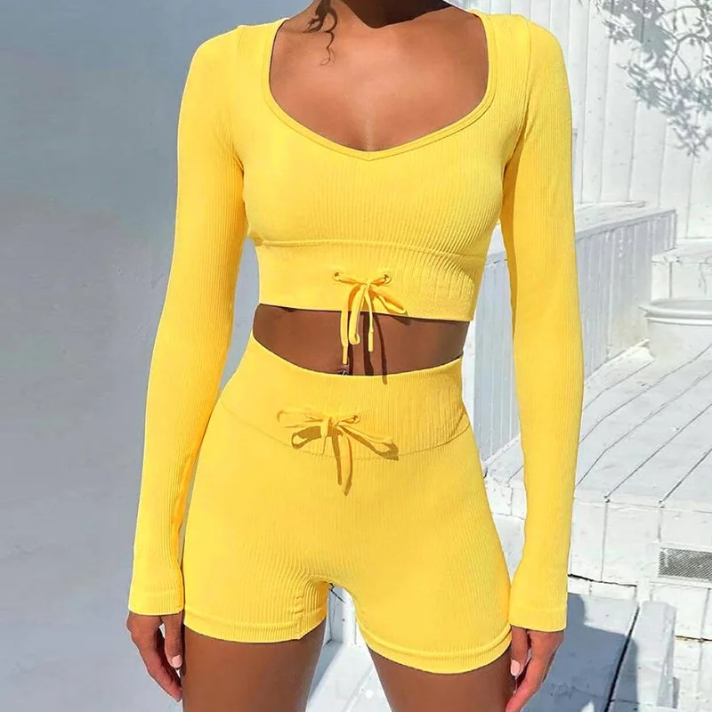Summer Two-piece set Women Set Body-Shaping Long Sleeve Strecthy Crop Top+Biker Shorts Drawstring Suit Sport Female Tracksuit
Summer Two-piece set Women Set Body-Shaping Long Sleeve Strecthy Crop Top+Biker Shorts Drawstring Suit Sport Female Tracksuit