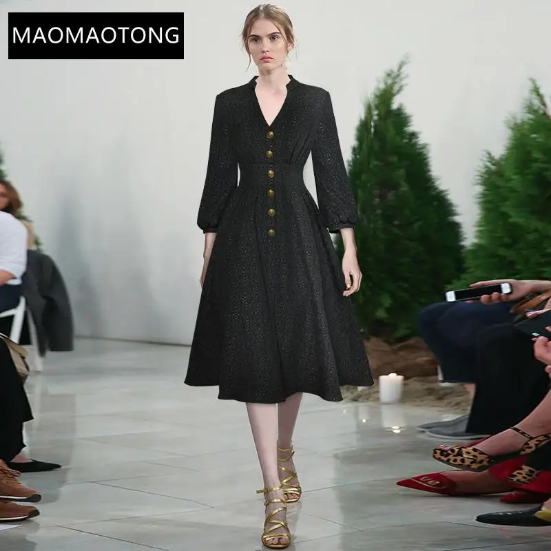 Fashion Runway Autumn Black Dress Women's V-Neck Lantern Sleeve Single-breasted Printed Party Elegant Midi Dress
Fashion Runway Autumn Black Dress Women's V-Neck Lantern Sleeve Single-breasted Printed Party Elegant Midi Dress