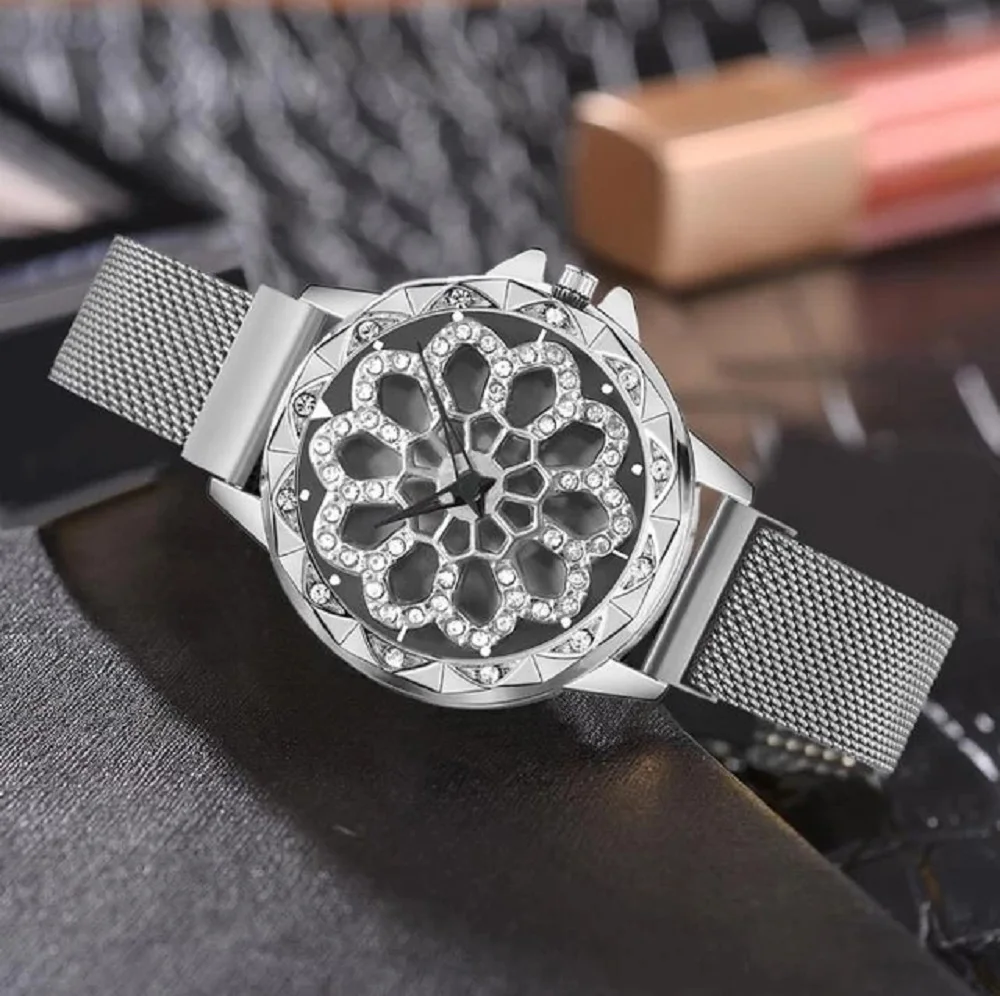 

Rotate Starry Sky For Good Luck Watch Stainless Steel Mesh Magnetic Strap Gaiety Ladies Trendy Brand Diamond Dial Reloj Mujer
