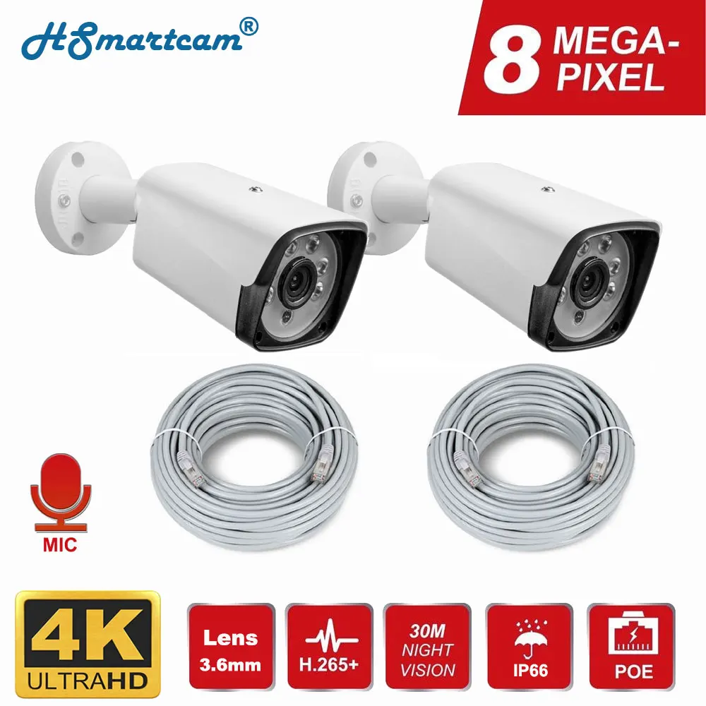 

4K Ultra HD 8MP IP Camera Audio Waterproof Outdoor POE H.265 Onvif Metal Bullet IR CCTV Security Camera + 20M Cable For NVR Kit