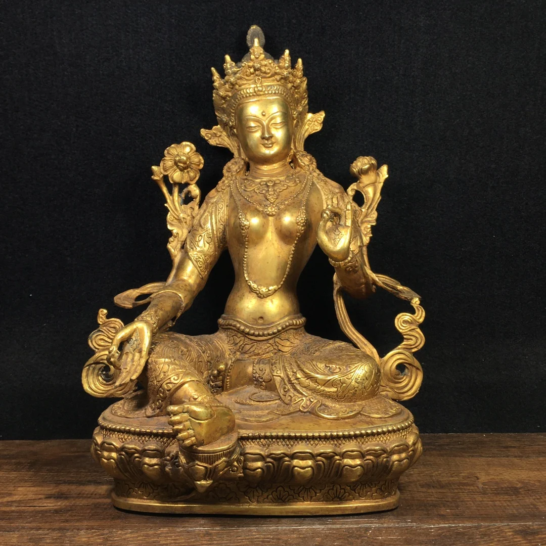 12"Tibet Buddhism Old Bronze Gilt Green Tara Guanyin Bodhisattva statue Sitting Buddha Enshrine the Buddha
12"Tibet Buddhism Old Bronze Gilt Green Tara Guanyin Bodhisattva statue Sitting Buddha Enshrine the Buddha