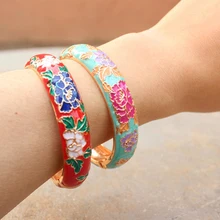 Cloisonne Enamel Color Peony Flower Bangles Jewelry Women Spring Hinged Cuff Bracelets China Traditional Handicrafts Gifts