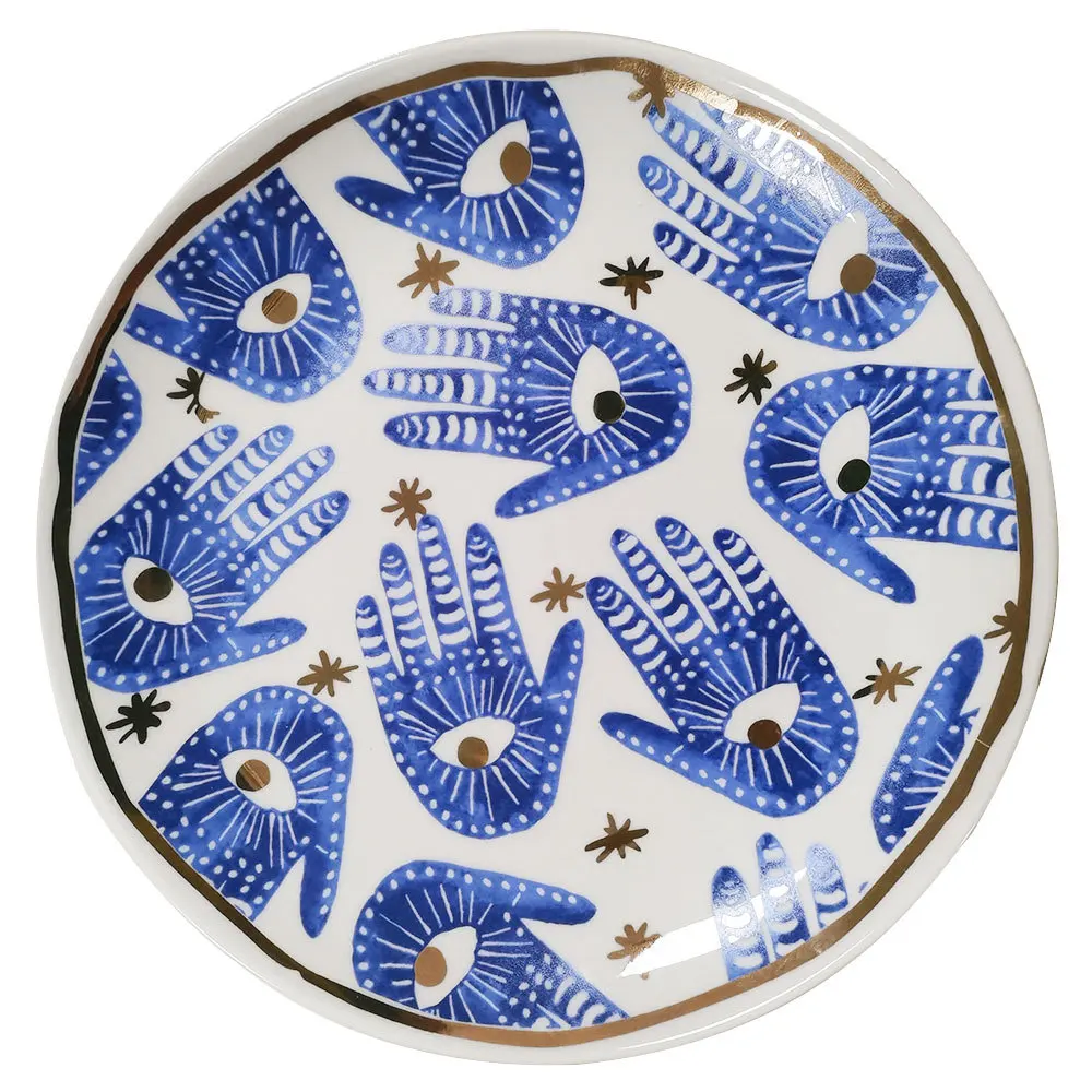Hands Eyes Plate with Gold Rim Ceramic Dinnerware Dessert Cake Dishes Indian Style Totem Serving Tray Hamsa Hand Pastry Holder 
Hands Eyes Plate with Gold Rim Ceramic Dinnerware Dessert Cake Dishes Indian Style Totem Serving Tray Hamsa Hand Pastry Holder