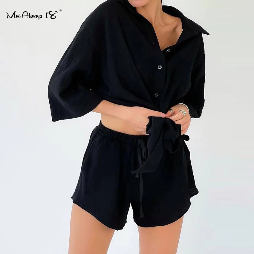 Mnealways18 Loose Cotton Blue 2 Piece Set Womens Suit Lace-Up Short Sleeve Shirt And Wide Leg Mini Shorts Set Casual Lady Summer 
Mnealways18 Loose Cotton Blue 2 Piece Set Womens Suit Lace-Up Short Sleeve Shirt And Wide Leg Mini Shorts Set Casual Lady Summer