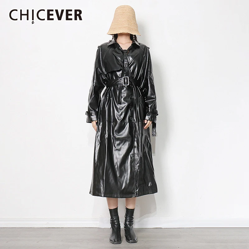CHICEVER черная ветровка из искусственной кожи для женщин с отворотом и длинным рукавом, с поясом, темпераментный Тренч, женская модная новая ос...
CHICEVER черная ветровка из искусственной кожи для женщин с отворотом и длинным рукавом, с поясом, темпераментный Тренч, женская модная новая ос...