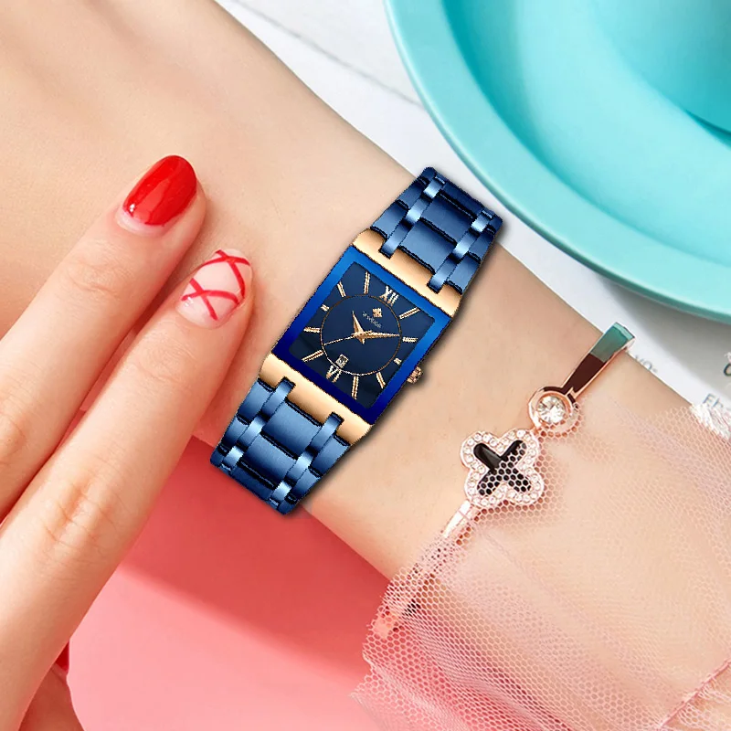 Часы наручные WWOOR женские кварцевые брендовые Роскошные Синие квадратные с