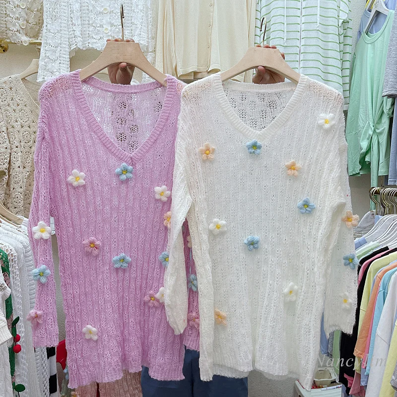 Loose Pullovers Woman 2021 Autumn Sweater New Sweet V-neck Three-Dimensional Flower Long Sleeve Hollow Out Knit Top Femme
Loose Pullovers Woman 2021 Autumn Sweater New Sweet V-neck Three-Dimensional Flower Long Sleeve Hollow Out Knit Top Femme
