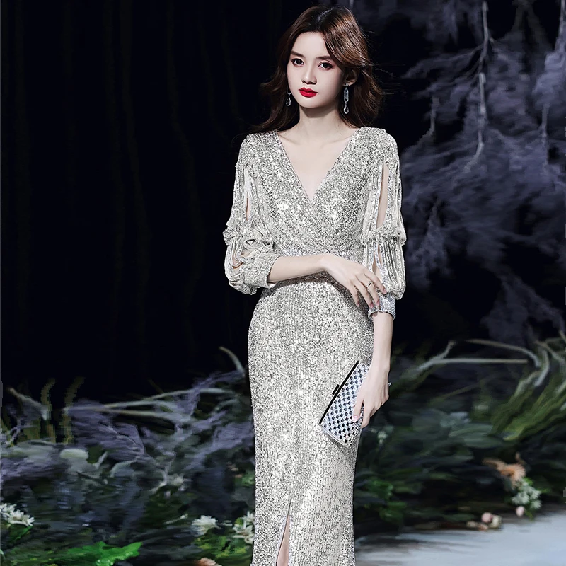 Evening Dress V-Neck Zipper Back Floor-length Simple Mermaid Elegant Sequins Half Sleeves Plus size Women Formal Party Gown C633
Evening Dress V-Neck Zipper Back Floor-length Simple Mermaid Elegant Sequins Half Sleeves Plus size Women Formal Party Gown C633