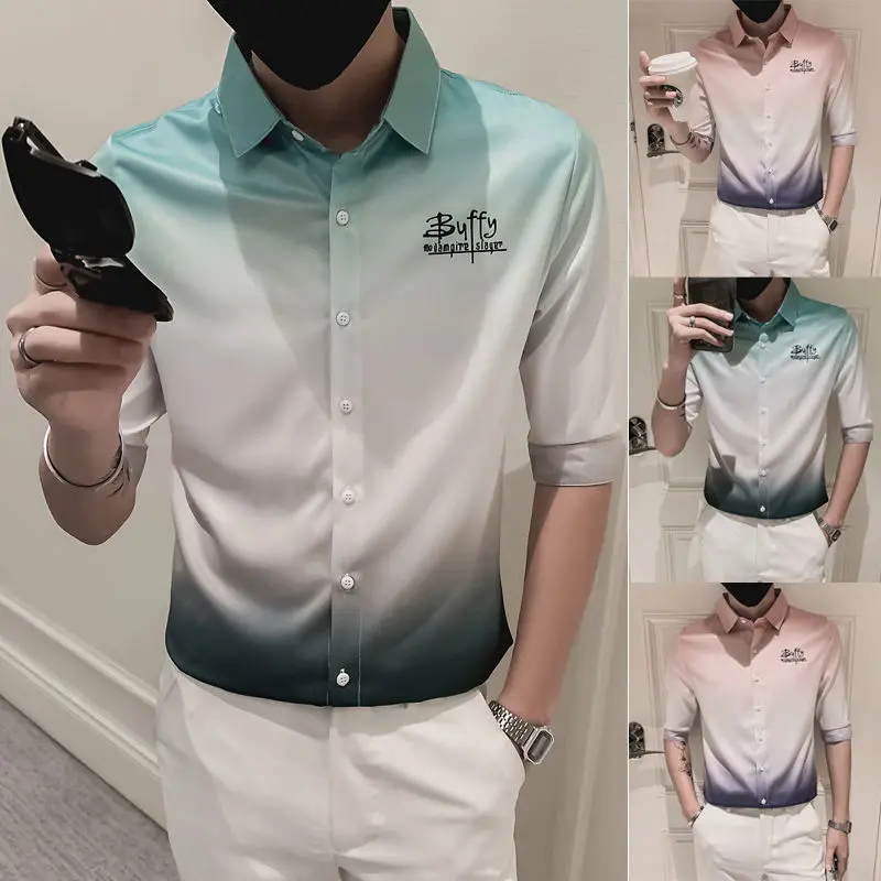 Formal Social Blouse 2021 V-neck Gradient Shirt Men Short Sleeve Letter Print Streetwear Korean Casual Slim Mens Dress Shirts
Formal Social Blouse 2021 V-neck Gradient Shirt Men Short Sleeve Letter Print Streetwear Korean Casual Slim Mens Dress Shirts