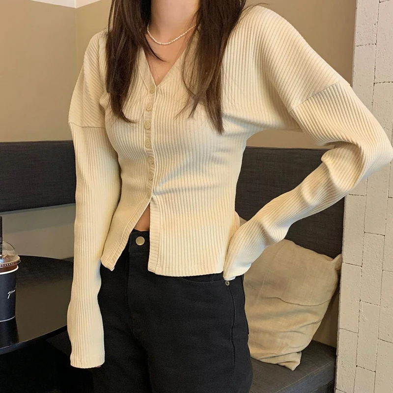 Женские сексуальные футболки с длинным рукавом, простой ребристый V-образный вырез, женская трикотажная одежда, весна/осень 
Женские сексуальные футболки с длинным рукавом, простой ребристый V-образный вырез, женская трикотажная одежда, весна/осень
