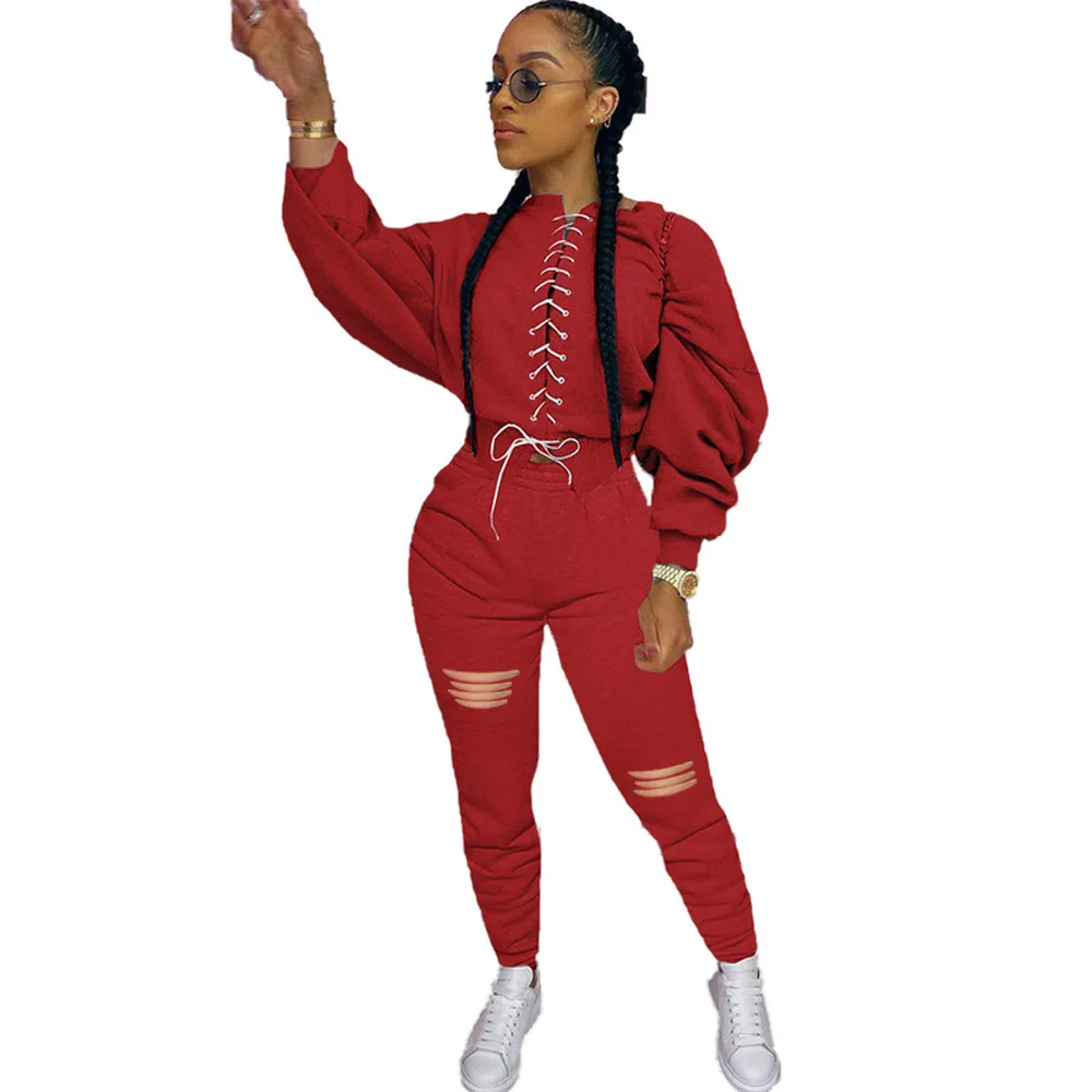 

Women Lace Up Hollow Sporty Matching Sets Stacked Long Sleeve Crop Top and Jogger Sweatpant Streetwear Bodycon Sweatshirt Outfit