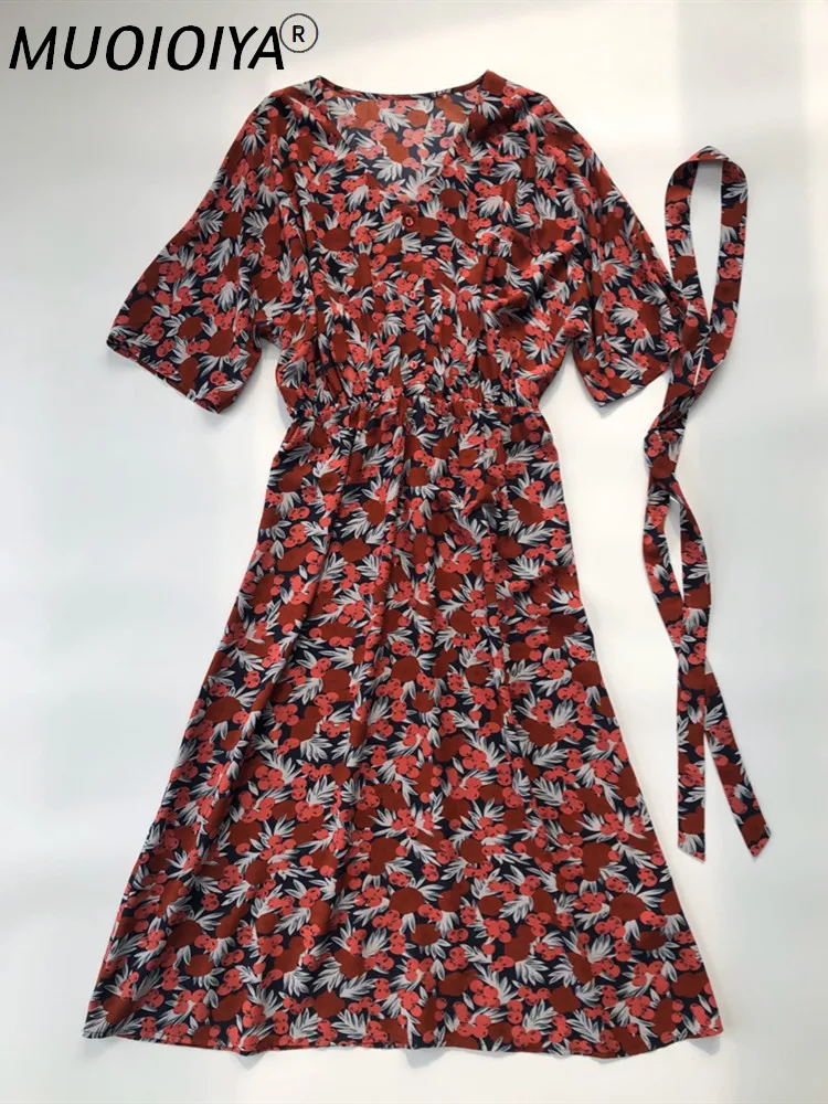 2021 Summer Women V-neck Midi Dress Lady Half Sleeve Sweet Berry Print Loose Female Elastic Waist Holiday Long Dress With Sashes 
2021 Summer Women V-neck Midi Dress Lady Half Sleeve Sweet Berry Print Loose Female Elastic Waist Holiday Long Dress With Sashes