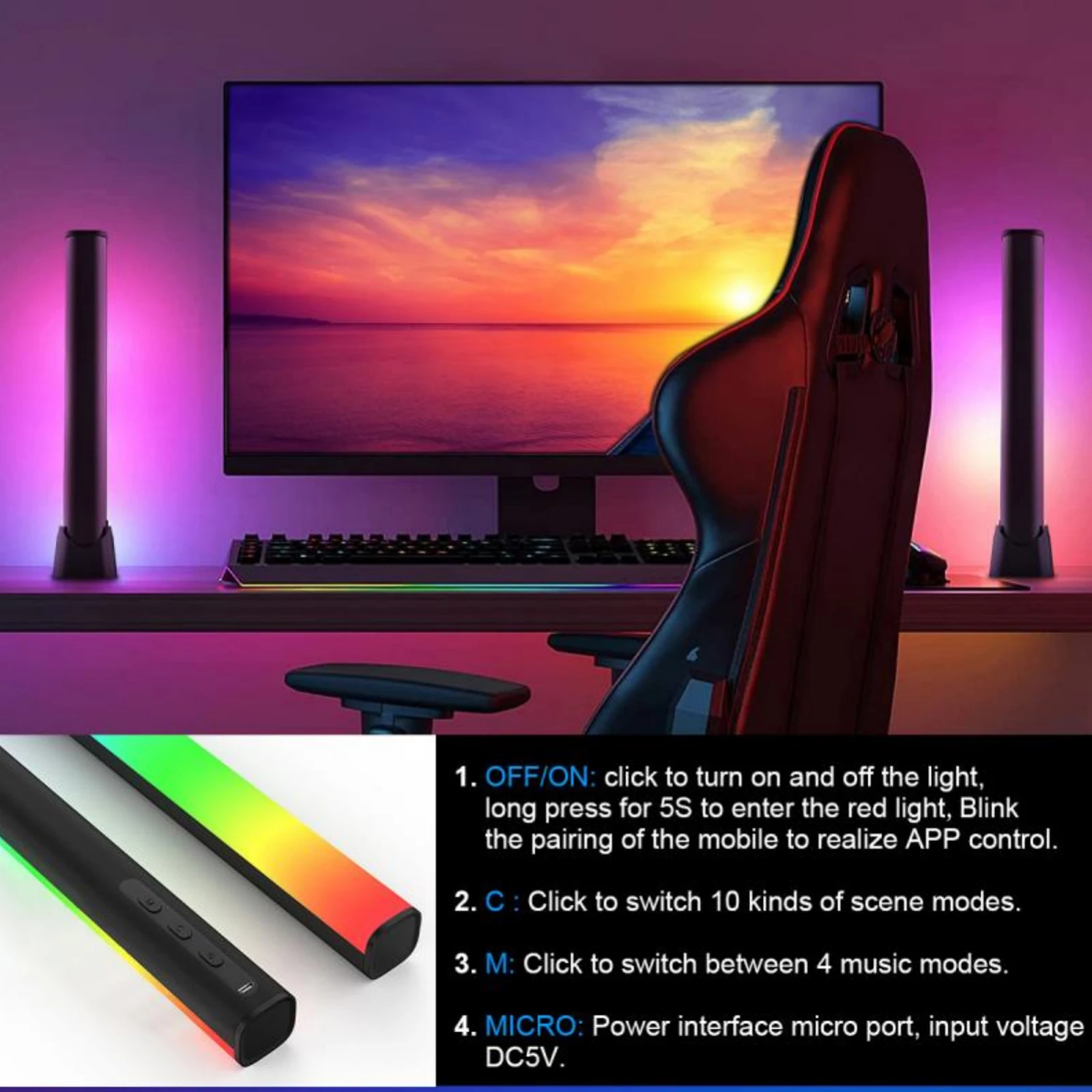 Smart Light Bars RGB Light Bars with 10 Scene Modes and Music Modes Lighting for Gaming PC TVRoom Decoration
Smart Light Bars RGB Light Bars with 10 Scene Modes and Music Modes Lighting for Gaming PC TVRoom Decoration