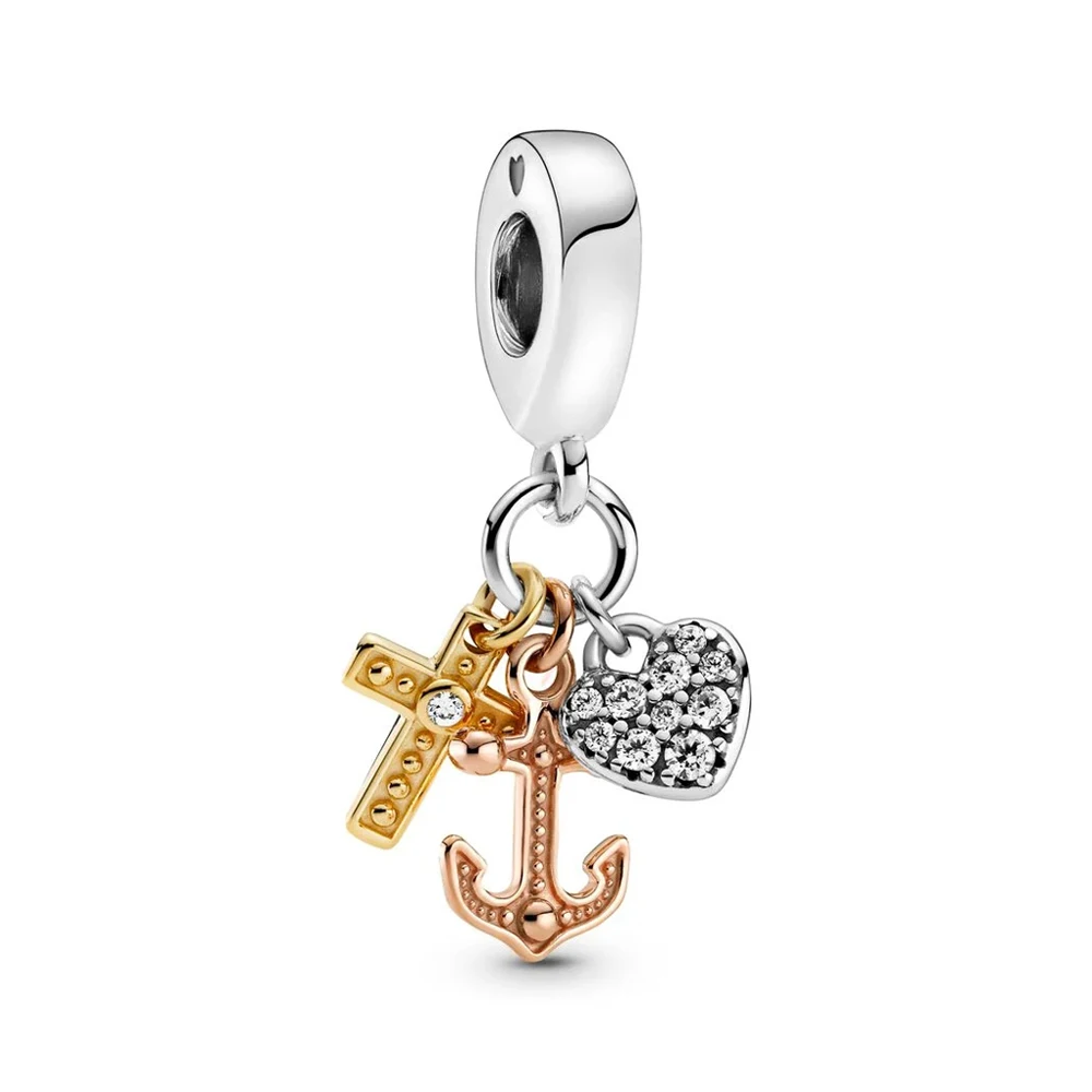

Real 925 Sterling Silver Bead Triple-tone Cross Heart Anchor Dangle Charm Fit Pandora Women Bracelet Bangle Gift DIY Jewelry