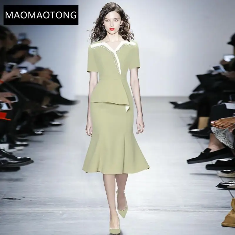 Women's ClothingFashion Designer Summer Green Midi Dress Women's V-neck Ruffles Short Sleeve Beading Elegant Party Mermaid Dress
Women's ClothingFashion Designer Summer Green Midi Dress Women's V-neck Ruffles Short Sleeve Beading Elegant Party Mermaid Dress