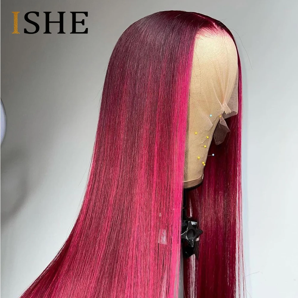 

Highlight wig Burgundy 99j Red 30 Inch Lace Wigs For Women Brazilian Remy Straight T Part Lace Wig Pre Plucked Bleached Knots