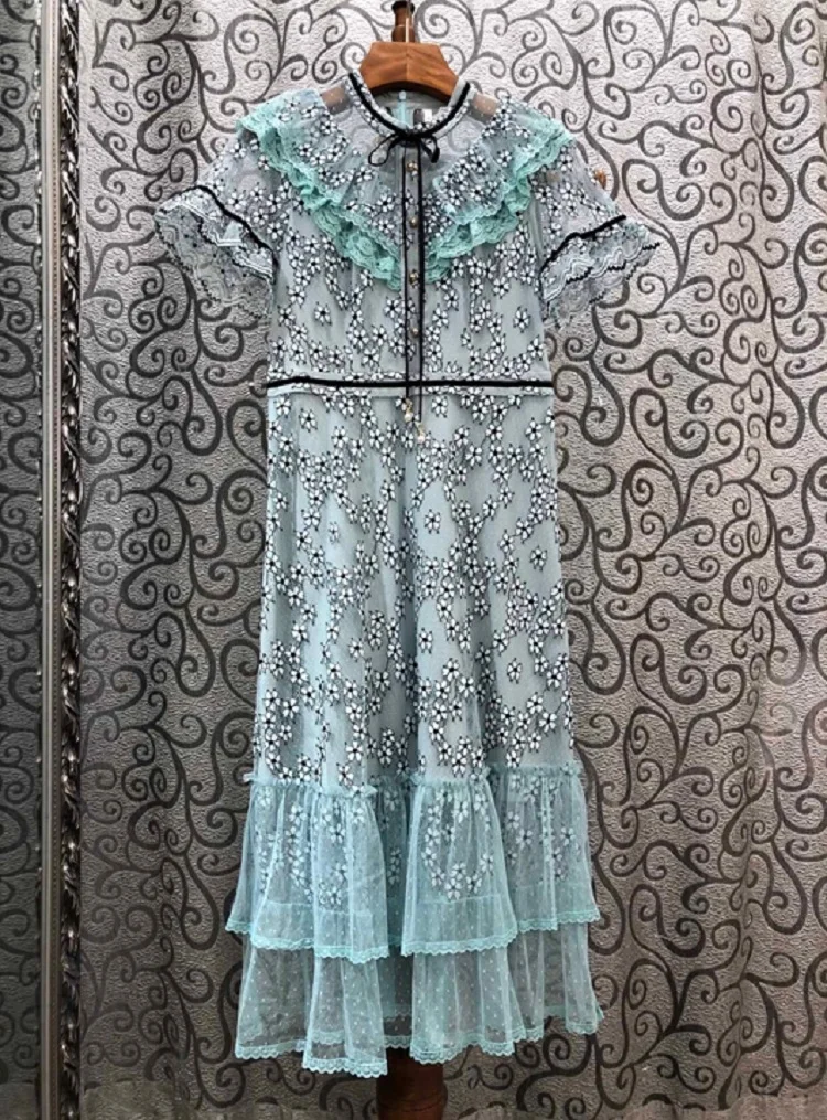 Quality Lace High Dress 2021 Summer Vestidos De Festa Women Color Block Flower Patterns Short Sleeve Mid-Calf White Green Dress
Quality Lace High Dress 2021 Summer Vestidos De Festa Women Color Block Flower Patterns Short Sleeve Mid-Calf White Green Dress