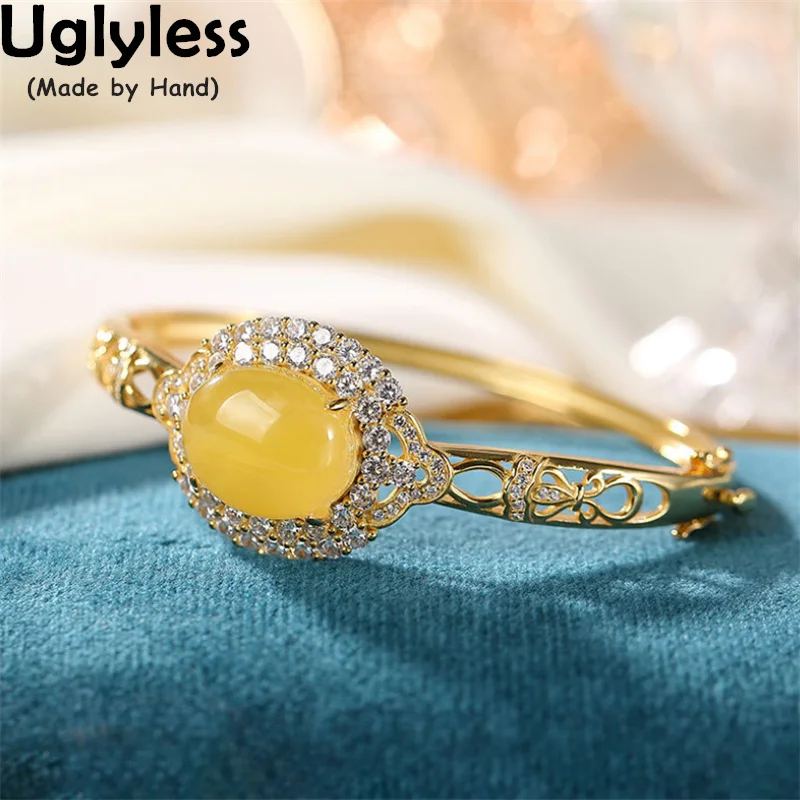 

Uglyless Luxury Gemstones Amber Bangles for Women Sparkly Crystals Fashion Gold Bangles 925 Silver Beeswax Jewelry Gemstones