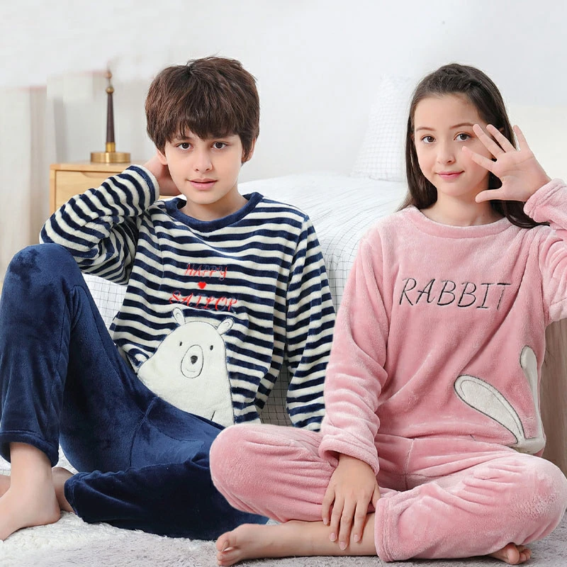 

Winter Teenage Children Pajamas Sets Warm Flannel Sleepwear Girls Loungewear Coral Fleece Kids Pijamas Homewear Boys Pyjama Suit