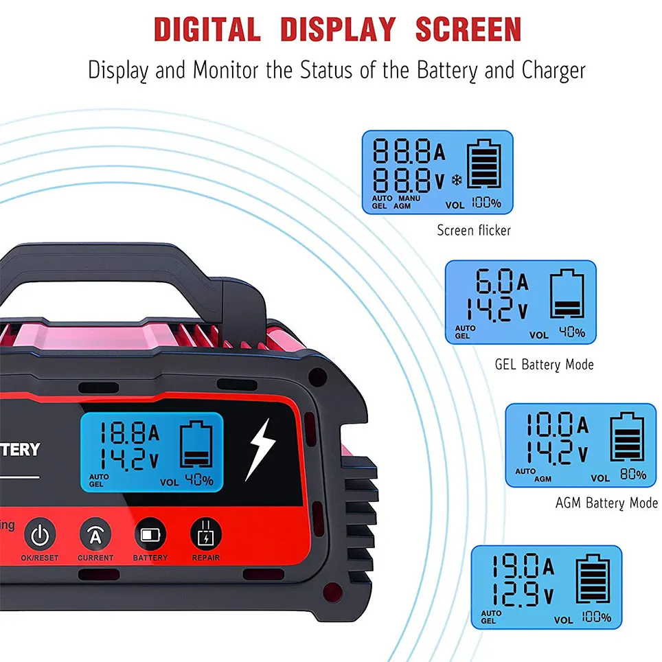 2021 BMK car battery charger, 12V/24V 5/10/20A automatic battery intelligent maintenance charger, lead-acid battery
2021 BMK car battery charger, 12V/24V 5/10/20A automatic battery intelligent maintenance charger, lead-acid battery