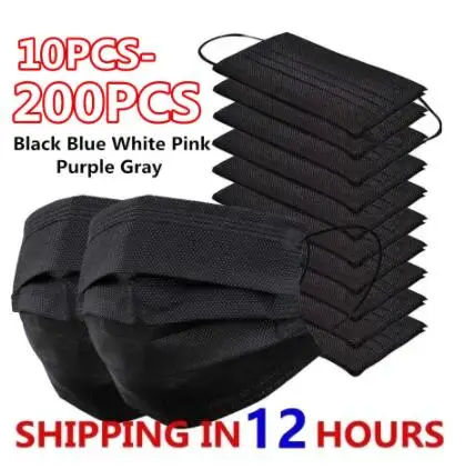 

200PC Black Masks 3-layer Mask Face Masks Melt Blown Cloth Disposable Anti-Dust Protective Masks Earloops Mouth Mask Mascarillas