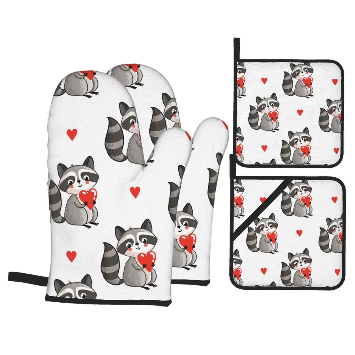 

4pcs Kitchen Gloves Insulation Pad Cute Raccoons Holding Hearts Cooking Microwave Gloves Baking BBQ Oven Potholders Oven Mitts