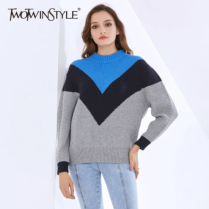 TWOTWINSTYLE Hit Color Sweater For Women Turtleneck Long Sleeve Patchwork Loose Casual Knitted Pullovers Female 2020 New Clothes
TWOTWINSTYLE Hit Color Sweater For Women Turtleneck Long Sleeve Patchwork Loose Casual Knitted Pullovers Female 2020 New Clothes