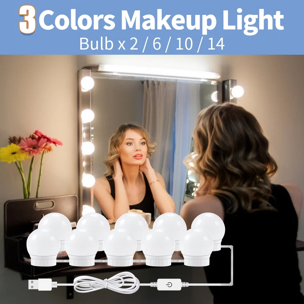 LED 3 Colors Makeup Mirror Light Stepless Dimmable Light USB LED Hollywood Vanity Bulb 12V LED Dressing Table Bathroom Wall Lamp
LED 3 Colors Makeup Mirror Light Stepless Dimmable Light USB LED Hollywood Vanity Bulb 12V LED Dressing Table Bathroom Wall Lamp