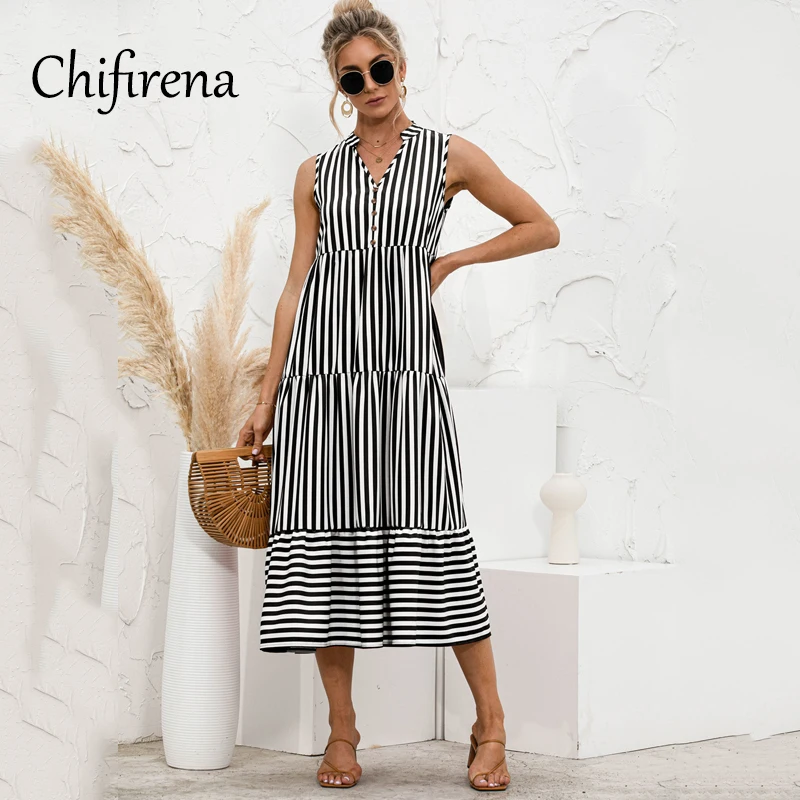 Chifirena Summer Women's Dress Striped Loose Tank Dresses for Women V Neck Beach Boho Sundress Elegant Party Patchwork Vestidos 
Chifirena Summer Women's Dress Striped Loose Tank Dresses for Women V Neck Beach Boho Sundress Elegant Party Patchwork Vestidos