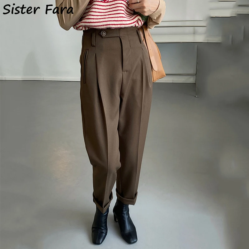 Брюки женские плиссированные до щиколотки, с высокой талией, на осень/зиму 
Брюки женские плиссированные до щиколотки, с высокой талией, на осень/зиму