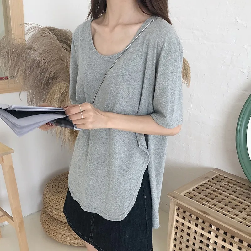 Summer Women's Solid Color Casual Short Sleeve Round Neck Side Split Long T-Shirts Drop 
Summer Women's Solid Color Casual Short Sleeve Round Neck Side Split Long T-Shirts Drop