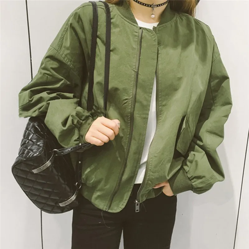 Autumn Korean Style Women Baseball Jackets Basic Coats Army Green & White Color Uniform Outwearr Loose Coat | Женская одежда