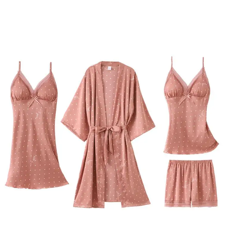 Sexy Women Sleepwear 4pcs Pajamas Set Summer Thin Silky Satin Sleep Set Casual Loose Kimono Bathrobe Gown With Chest Pad XXL