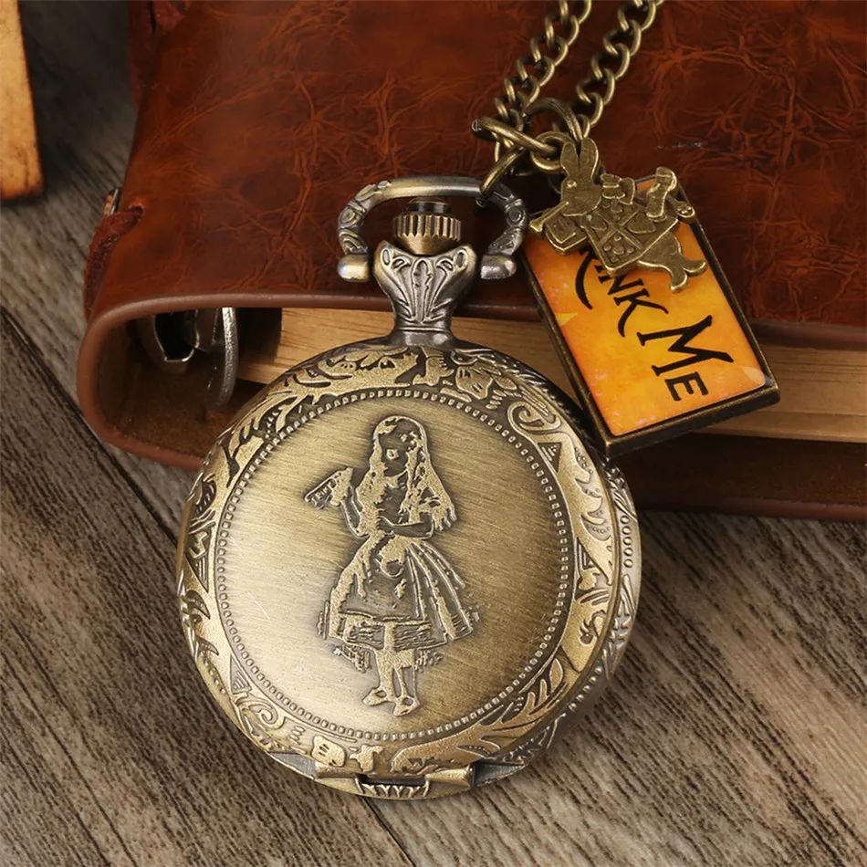 Alice Necklace Pocket Watch with Rabbit Drink Me Tag Accessory Lovely Clock Sweater Chain Bronze Quartz Pendant | Наручные часы