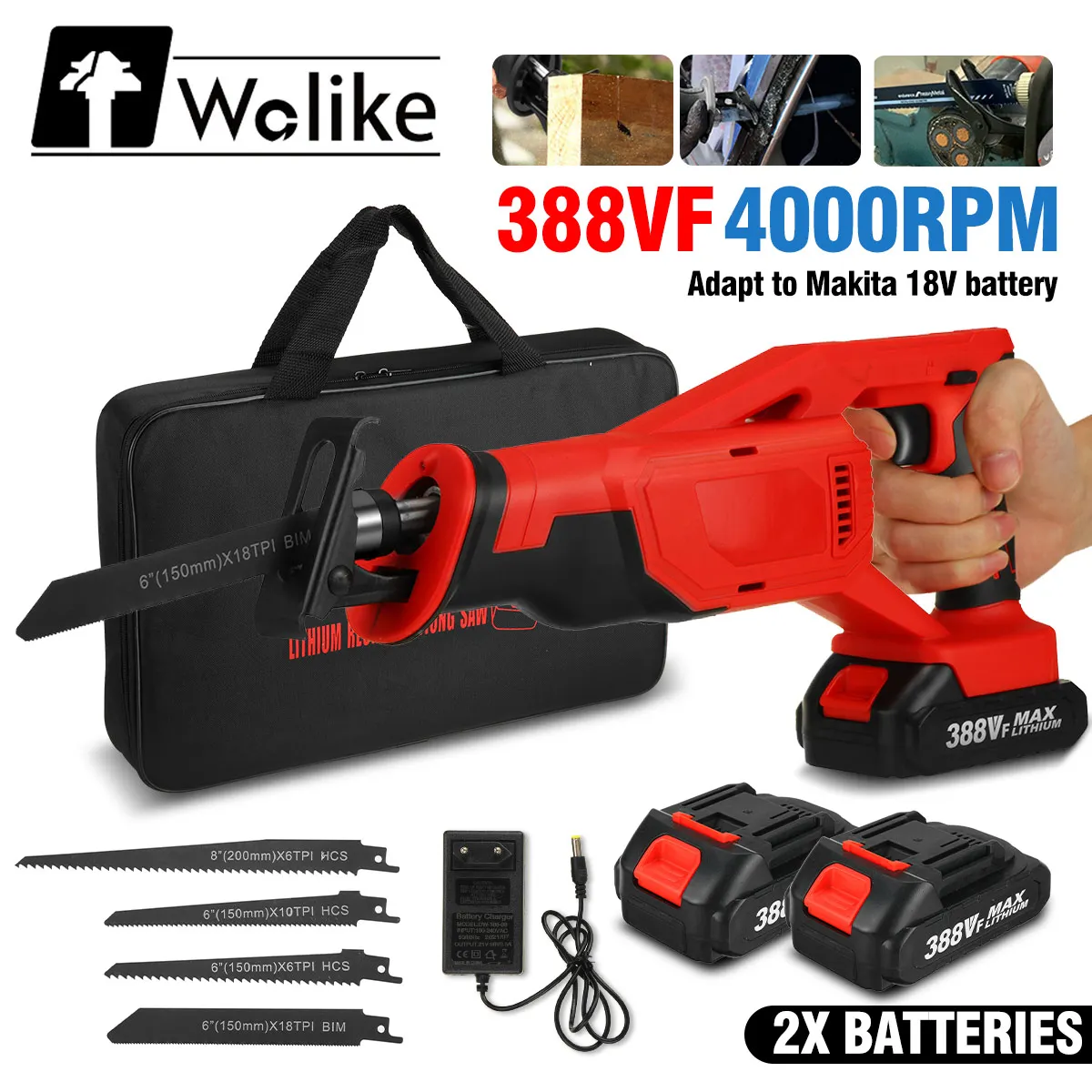 388V Cordless Reciprocating Saw Portable Electric Saw Replacement Metal Wood Cutting Machine Tool for Makita 18V Battery
388V Cordless Reciprocating Saw Portable Electric Saw Replacement Metal Wood Cutting Machine Tool for Makita 18V Battery