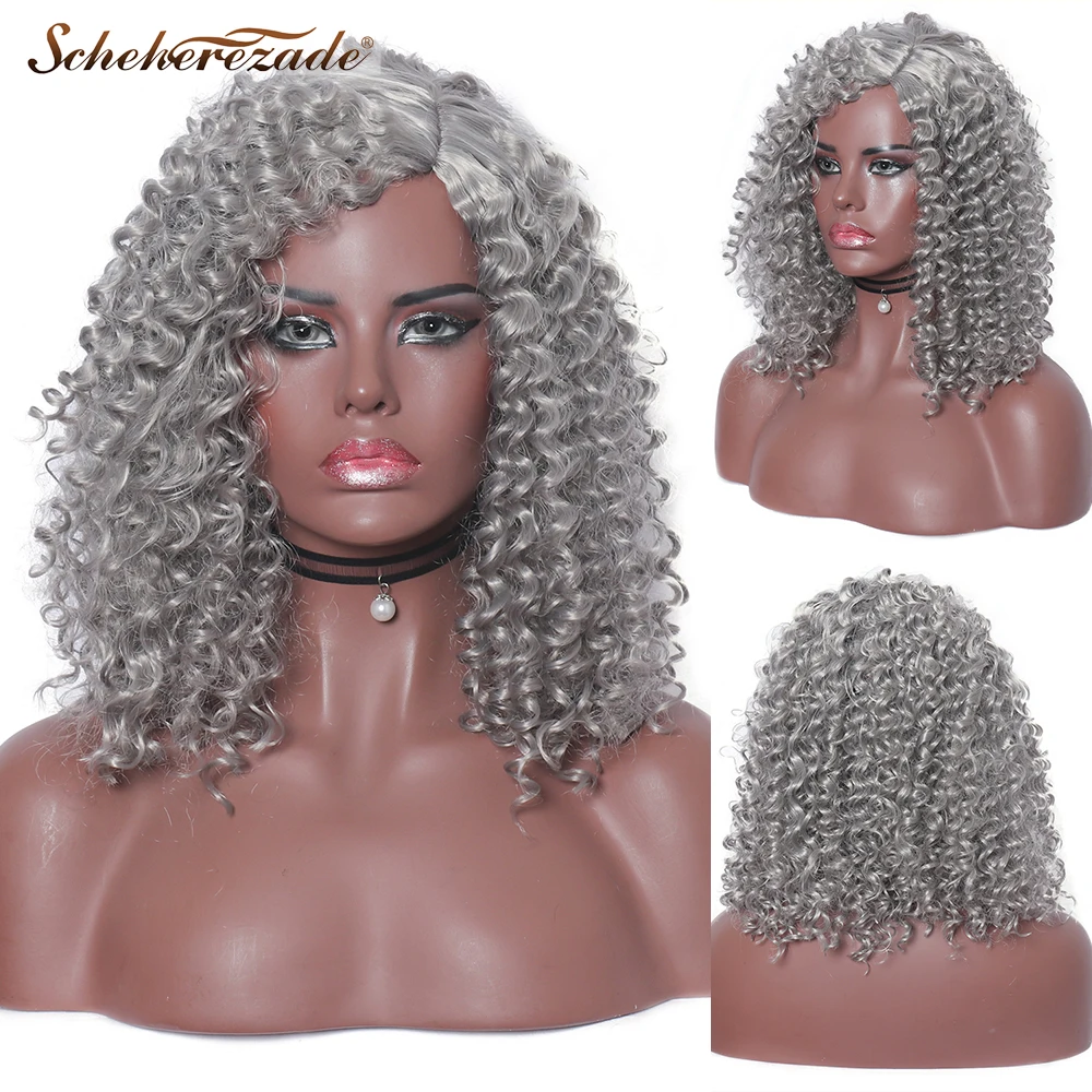 Scheherezade Silver Grey Brown Black Short Synthetic Wigs Kinky Curly For Women Side Part High Temperature Fiber African | Шиньоны и