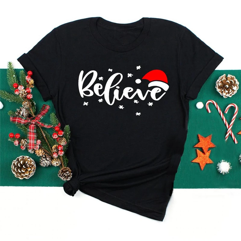 Women T-shirt Believe Christmas Santa Hat Snowflake Graphic Black Tee shirt femme Summer Short sleeve Holiday T Shirts Clothes
Women T-shirt Believe Christmas Santa Hat Snowflake Graphic Black Tee shirt femme Summer Short sleeve Holiday T Shirts Clothes