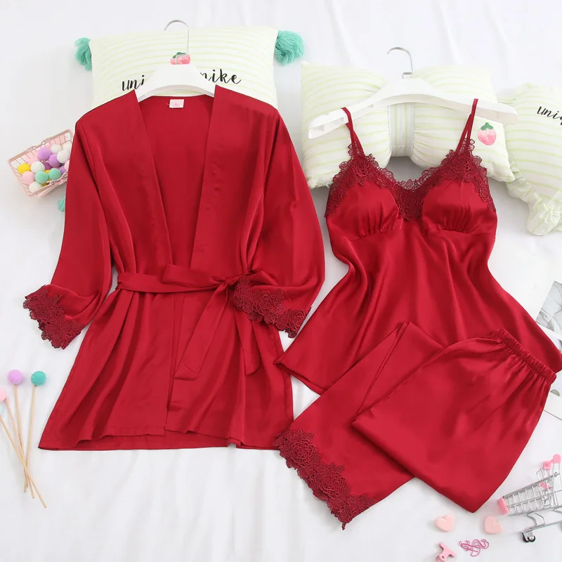 Women Pajamas Suit Sexy 3PCS Robe Set Sleepwear With Pads V-Neck Lace Nightgown Casual Kimono Bathrobe Gown Silky Homewear
Women Pajamas Suit Sexy 3PCS Robe Set Sleepwear With Pads V-Neck Lace Nightgown Casual Kimono Bathrobe Gown Silky Homewear