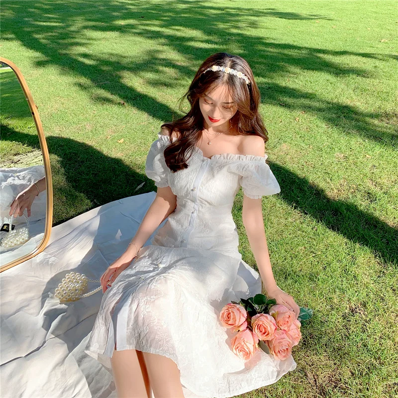 Kimutomo Sweet Fashion Dress Women French Style Summer New Elegant Slash Neck Puff Sleeve High Waist Slim Vestidos Casual
Kimutomo Sweet Fashion Dress Women French Style Summer New Elegant Slash Neck Puff Sleeve High Waist Slim Vestidos Casual