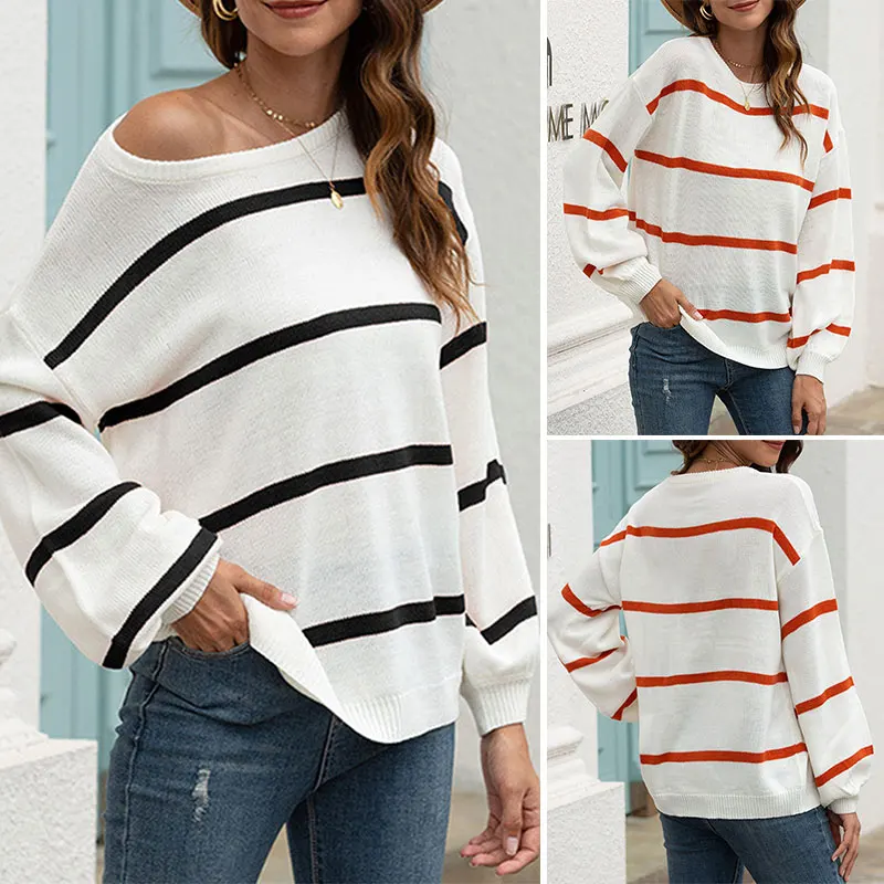Autumn and Winter Sweater Women's New Round Neck Off-The-Shoulder Striped Color-Block Pullover Sweaters
Autumn and Winter Sweater Women's New Round Neck Off-The-Shoulder Striped Color-Block Pullover Sweaters