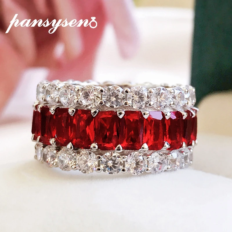 

PANSYSEN 100% 925 Sterling Silver Simulated Moissanite Ruby Emerald Gemstone Ring Women Anniversary Party Fine Jewelry Wholesale