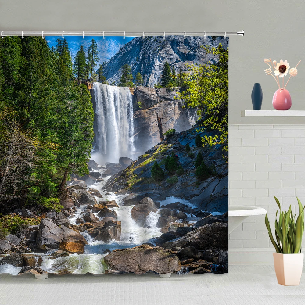 

Waterfall Landscape Shower Curtain Autumn Scenery Green Plants Forest Stones Bathroom Decoration Screen Washable With Hooks